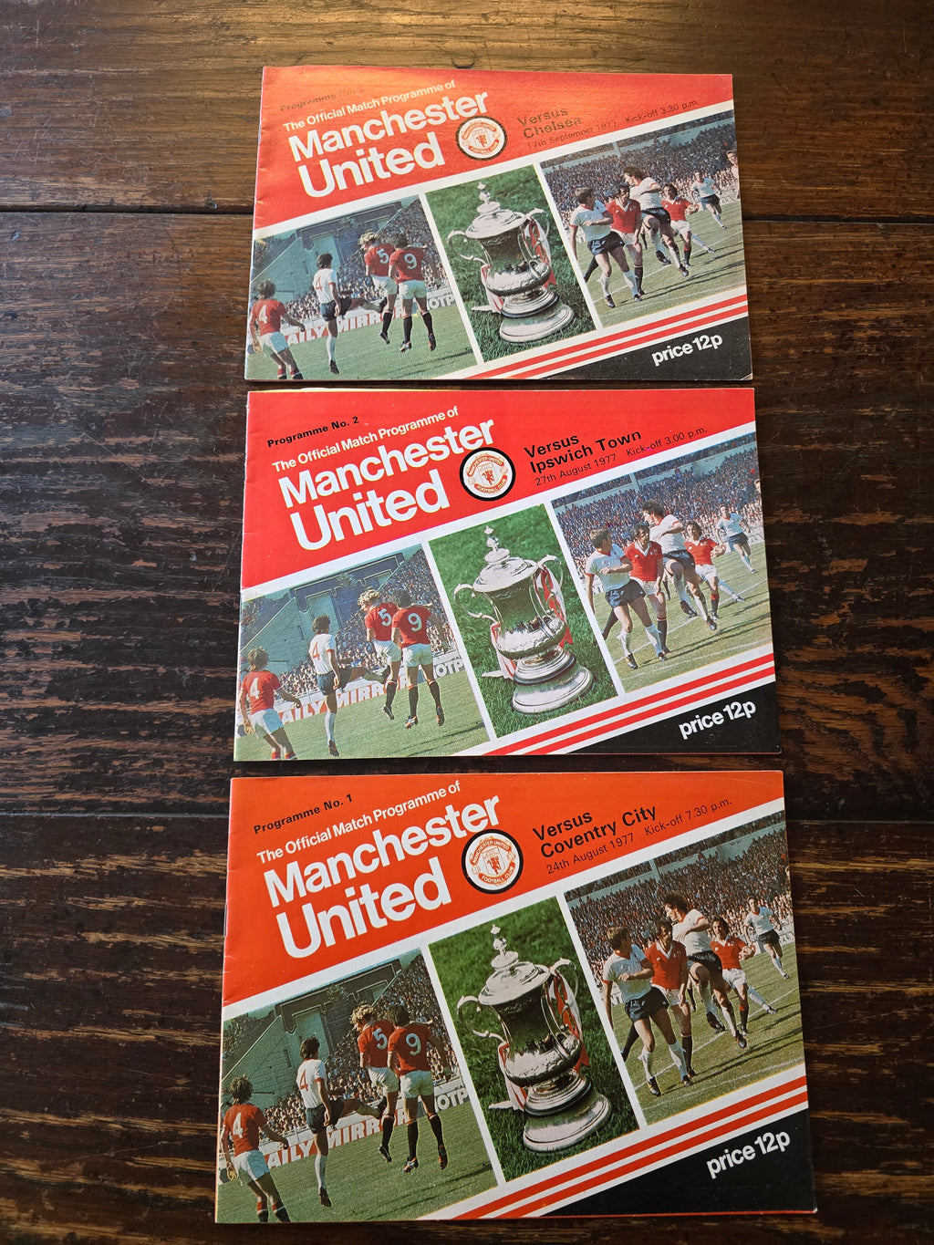 Manchester united 3 vintage 1977 match programmes.