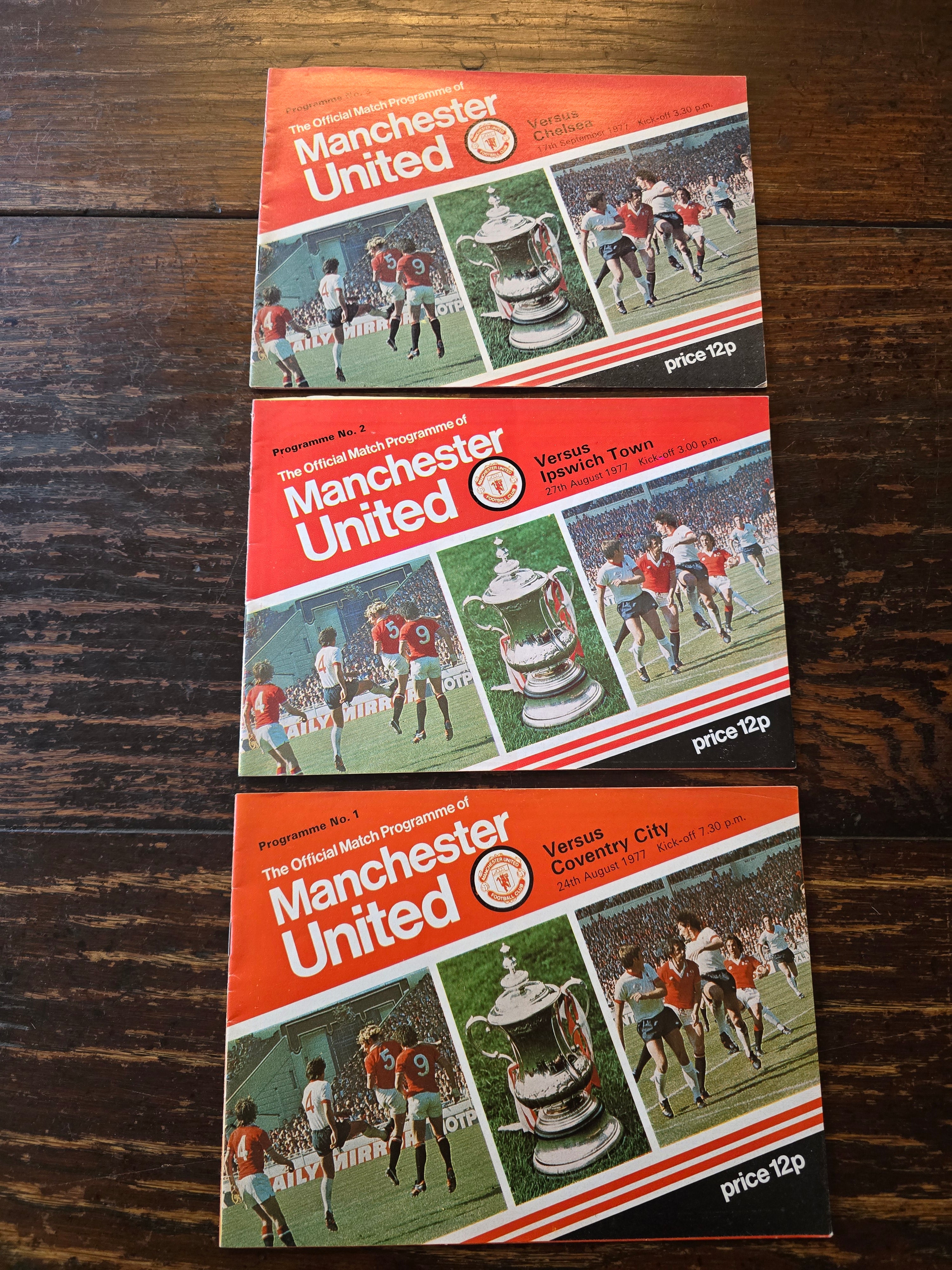 Manchester united 3 vintage 1977 match programmes.