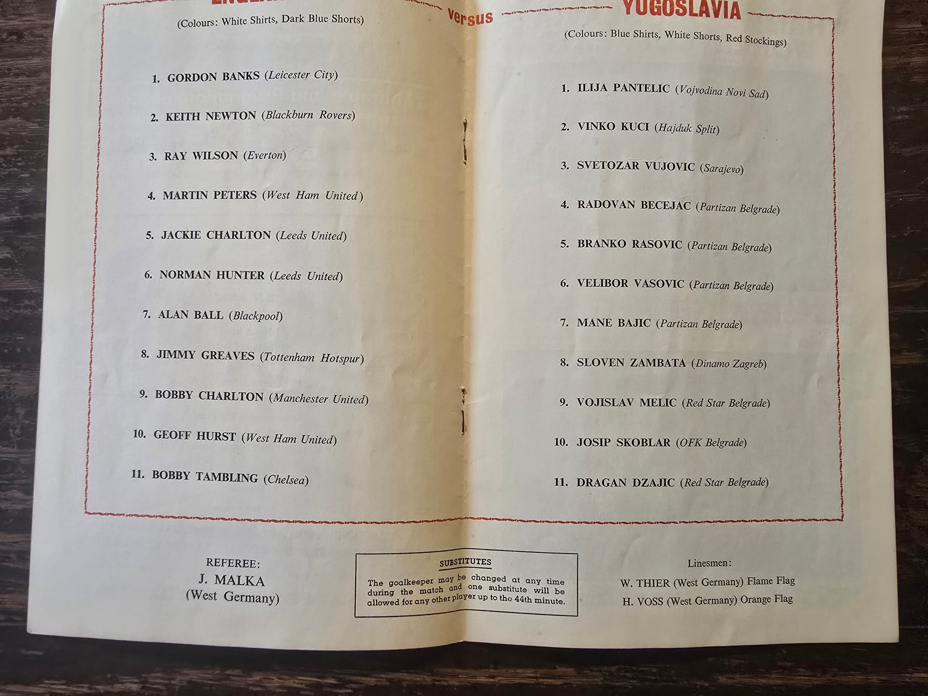 ENGLAND V YUGOSLAVIA